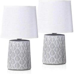 Schreibtischlampe BRUBAKER Grau, Leinenschrim, Steingut-Standfuß, 2 Stück