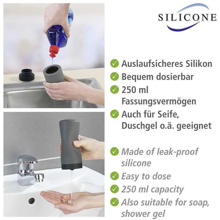Wenko Spülmittelspender Easy Squeez-e, Silikon, Grau, 250ml 4 Wenko Spülmittelspender Easy Squeez-e, Silikon, Grau, 250ml – Bild 2