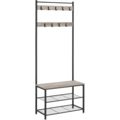 Vasagle Garderobenständer HSR41MB, Mit 9 Haken, Metall / Holz, Schwarz / Graubraun