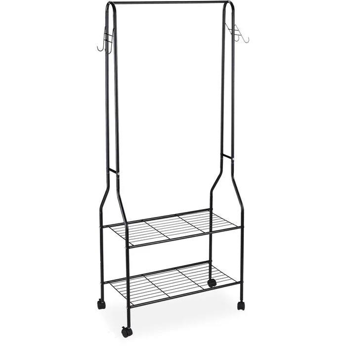 Relaxdays Garderobenständer 10027470, Mit Rollen, 2 Ablagen & 4 Haken, Metall, Schwarz 3 Relaxdays Garderobenständer 10027470, Mit Rollen, 2 Ablagen & 4 Haken, Metall, Schwarz