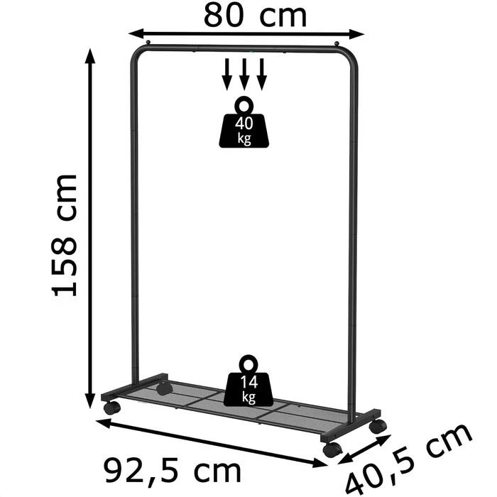 Songmics Garderobenständer HSR25BK, Bis 40 Kg, Mit Rollen & Ablage, Metall, Schwarz 4 Songmics Garderobenständer HSR25BK, Bis 40 Kg, Mit Rollen & Ablage, Metall, Schwarz – Bild 2