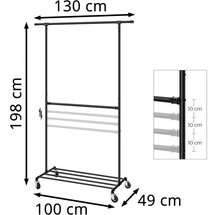 Songmics Garderobenständer HSR62BK, Bis 110 Kg, Mit Rollen, Metall, Schwarz 4 Songmics Garderobenständer HSR62BK, Bis 110 Kg, Mit Rollen, Metall, Schwarz – Bild 2
