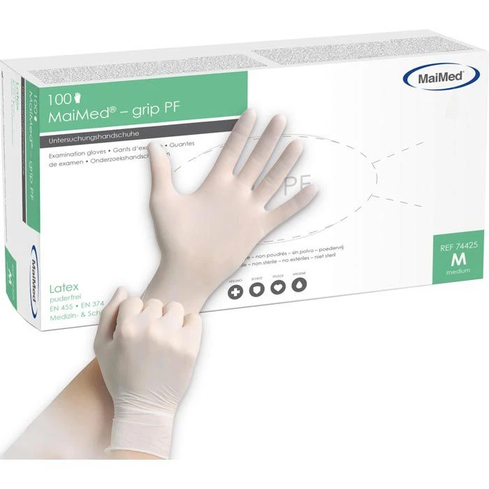 MaiMed Einmalhandschuhe Grip PF Latex, Puderfrei, 74425, Natur, 100 Stück, Größe M 3 MaiMed Einmalhandschuhe Grip PF Latex, Puderfrei, 74425, Natur, 100 Stück, Größe M