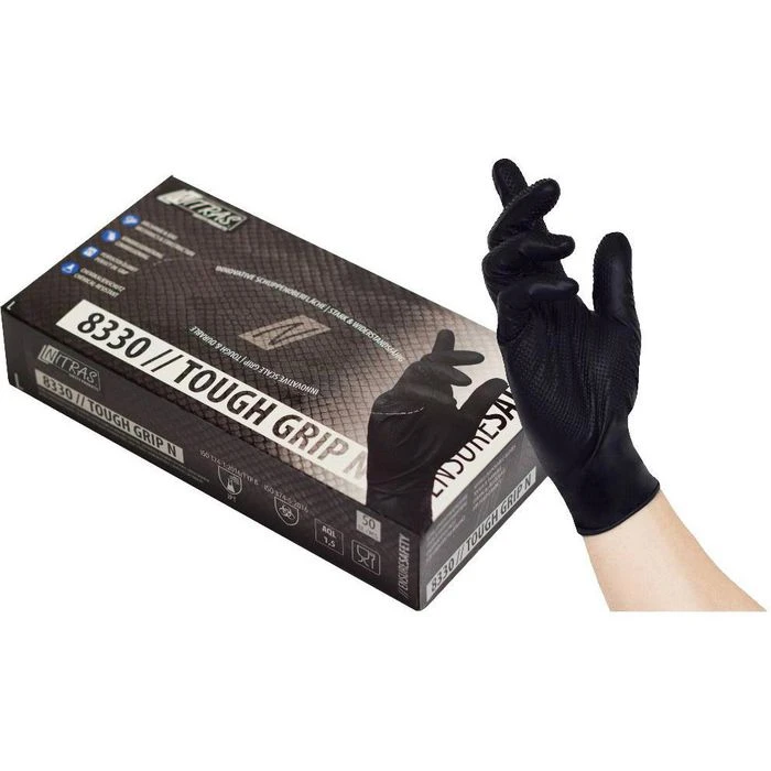 NITRAS Einmalhandschuhe Tough Grip N, Nitril, 8330, Puderfrei, Schwarz, 50 Stück, Gr. XL 3 NITRAS Einmalhandschuhe Tough Grip N, Nitril, 8330, Puderfrei, Schwarz, 50 Stück, Gr. XL