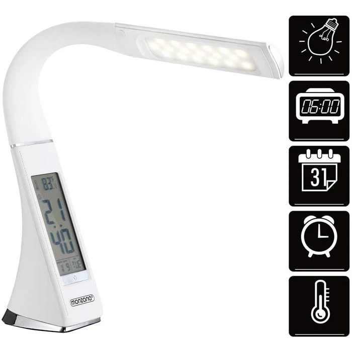 Monzana Schreibtischlampe LED, Dimmbar, Uhr, Temperatur, Kalender, Weiß 4 Monzana Schreibtischlampe LED, Dimmbar, Uhr, Temperatur, Kalender, Weiß – Bild 2