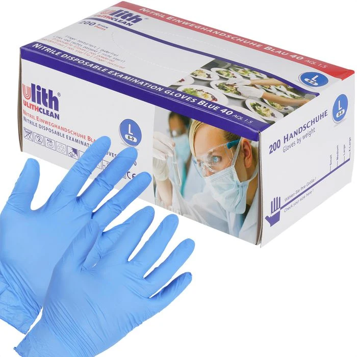 Ulith Einmalhandschuhe Nitril Typ 40, Puderfrei, Blau, 200 Stück, Größe L 3 Ulith Einmalhandschuhe Nitril Typ 40, Puderfrei, Blau, 200 Stück, Größe L
