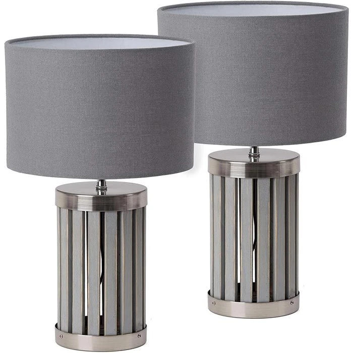 Schreibtischlampe BRUBAKER Grau, Holz-Chrom-Standfuß, 2 Stück 3 Schreibtischlampe BRUBAKER Grau, Holz-Chrom-Standfuß, 2 Stück