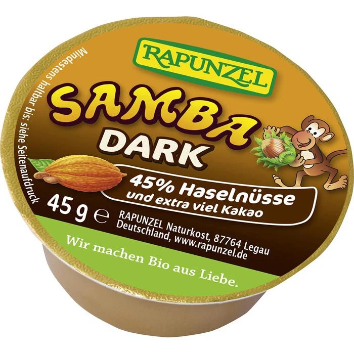 Rapunzel Brotaufstrich Samba Dark, BIO, Zartbitter Schoko-Nuss-Creme, 11 Stück, 495g 4 Rapunzel Brotaufstrich Samba Dark, BIO, Zartbitter Schoko-Nuss-Creme, 11 Stück, 495g – Bild 2