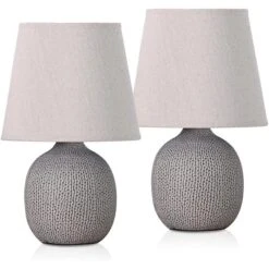 Schreibtischlampe BRUBAKER Beige, Leinen-Schirm, Steingut-Standfuß, 2 Stück