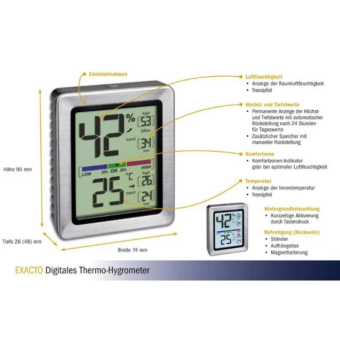 TFA Thermo-Hygrometer 30.5047.54 Exacto Digital, Für Innen, Edelstahlrahmen 5 TFA Thermo-Hygrometer 30.5047.54 Exacto Digital, Für Innen, Edelstahlrahmen – Bild 3