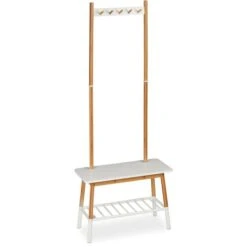 Relaxdays Garderobenständer 10027500, Mit Ablage & 5 Haken, Bambus, Natur / Weiß