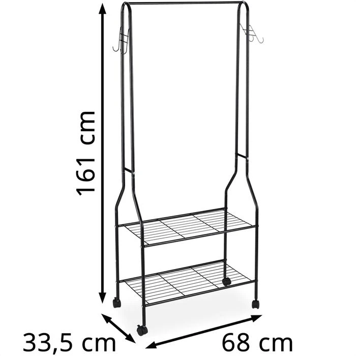 Relaxdays Garderobenständer 10027470, Mit Rollen, 2 Ablagen & 4 Haken, Metall, Schwarz 4 Relaxdays Garderobenständer 10027470, Mit Rollen, 2 Ablagen & 4 Haken, Metall, Schwarz – Bild 2