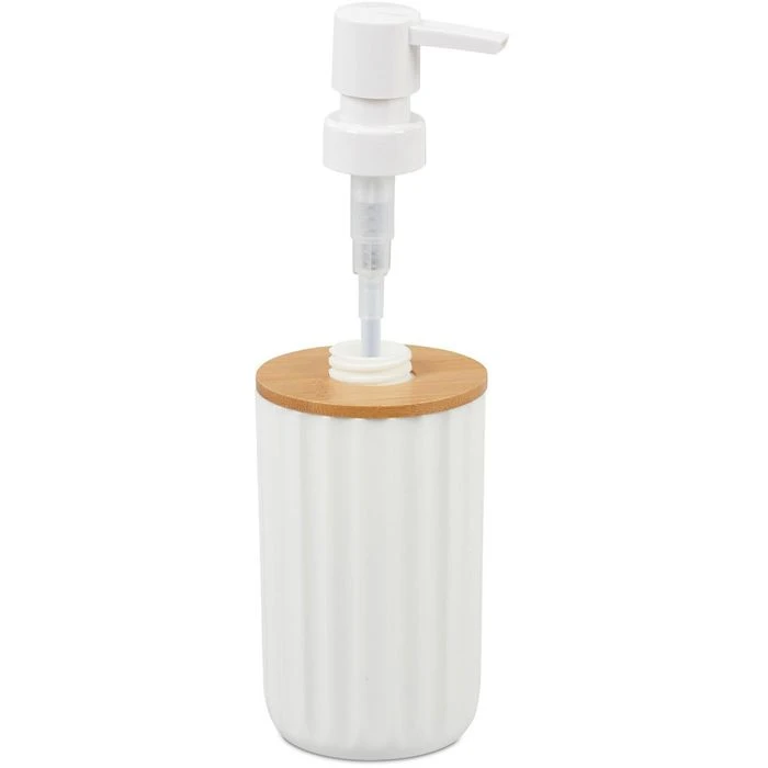 Relaxdays Seifenspender Rund, Bambus Und Kunststoff, Weiß / Braun, 340ml 6 Relaxdays Seifenspender Rund, Bambus Und Kunststoff, Weiß / Braun, 340ml – Bild 4