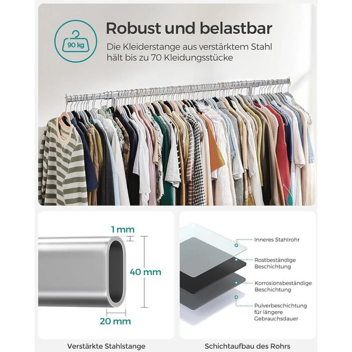 Songmics Garderobenständer HSR13S, Bis 90 Kg, Mit Rollen, Ausziehbar, Metall, Silber 5 Songmics Garderobenständer HSR13S, Bis 90 Kg, Mit Rollen, Ausziehbar, Metall, Silber – Bild 3